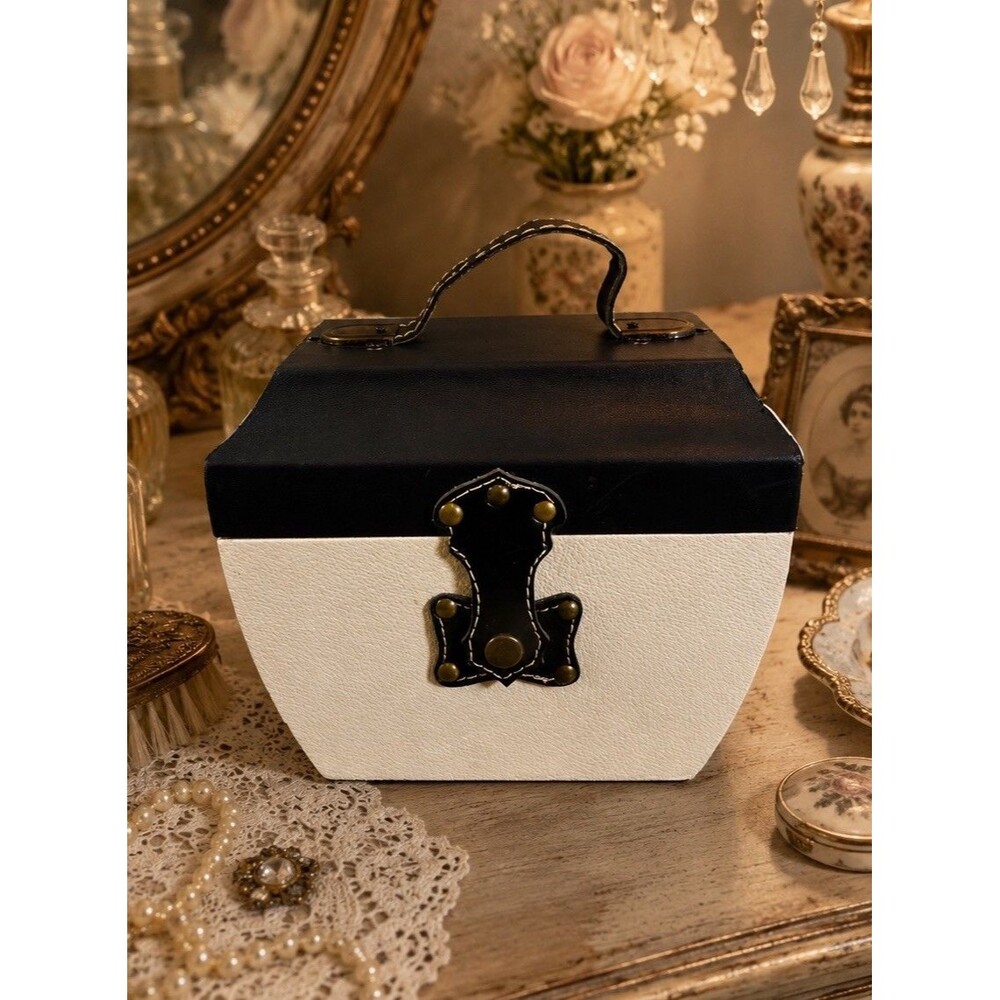 Black White Faux Leather Storage Box Decorative Trunk Case W/ Handle 8X6X7 Vtg